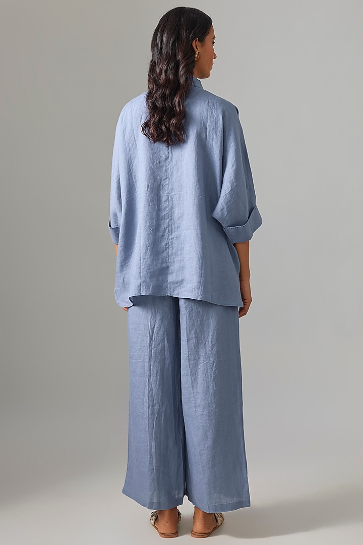 Mid Blue Linen Embroidered Shirt by Linen Bloom at Pernia's Pop Up Shop