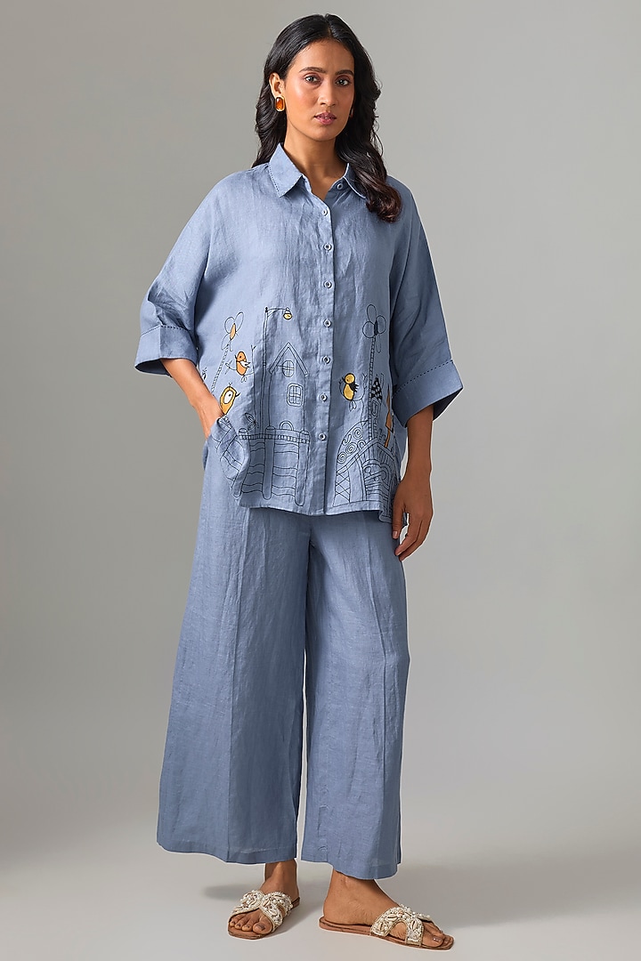 Mid Blue Linen Embroidered Shirt by Linen Bloom at Pernia's Pop Up Shop