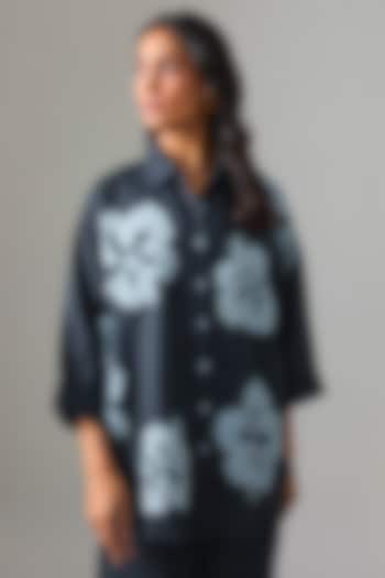 Navy Blue Linen Embroidered Shirt by Linen Bloom at Pernia's Pop Up Shop