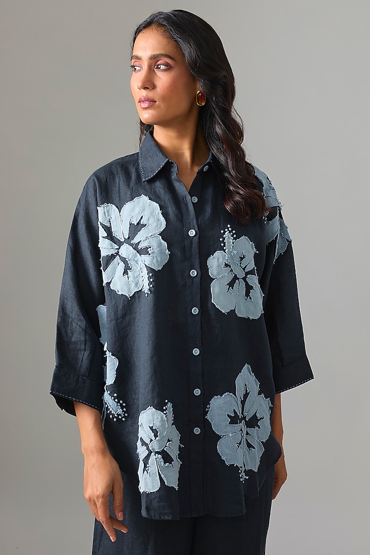 Navy Blue Linen Embroidered Shirt by Linen Bloom at Pernia's Pop Up Shop
