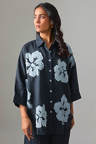 Navy Blue Linen Embroidered Shirt by Linen Bloom