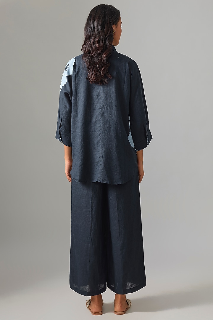 Navy Blue Linen Embroidered Shirt by Linen Bloom at Pernia's Pop Up Shop