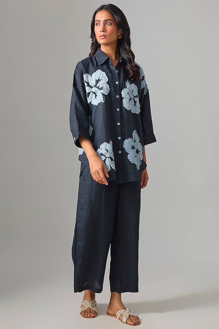 Navy Blue Linen Embroidered Shirt by Linen Bloom at Pernia's Pop Up Shop
