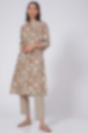 Brown Khaki Floral Printed Dress by Linen Bloom