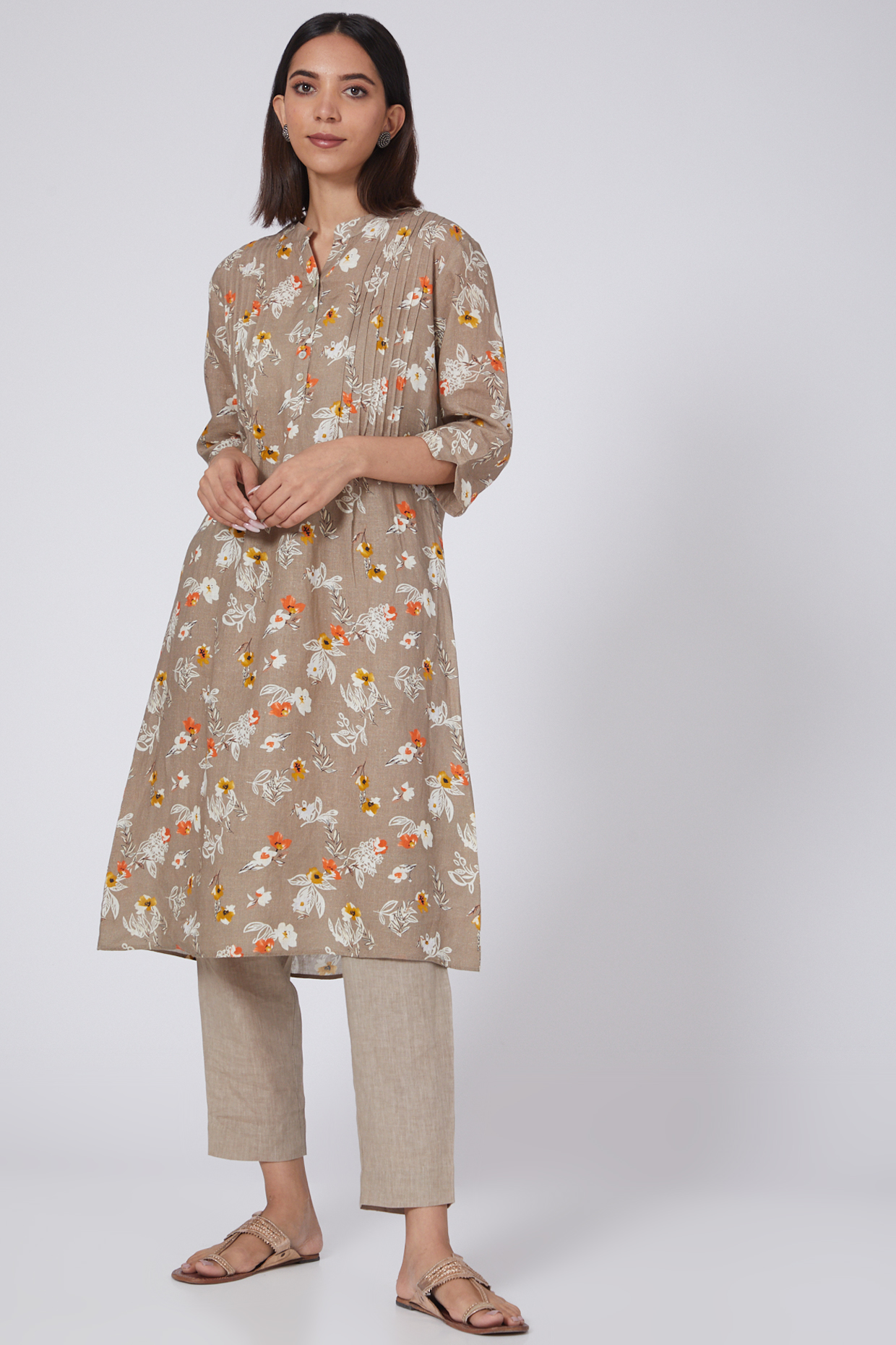 Brown Khaki Floral Printed Dress by Linen Bloom