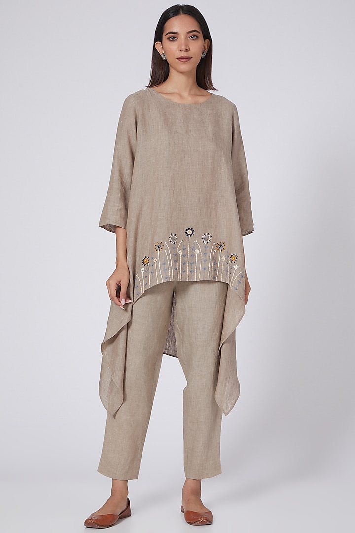 Brown Khaki Embroidered High-Low Tunic by Linen Bloom