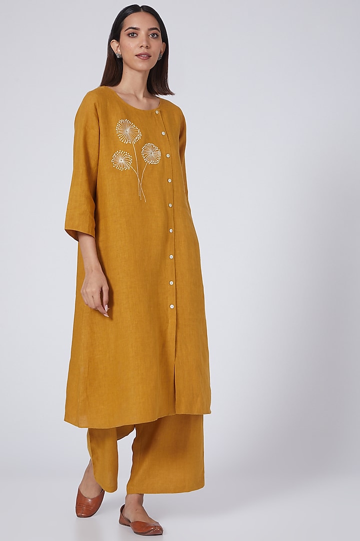 Mustard Floral Embroidered Tunic by Linen Bloom