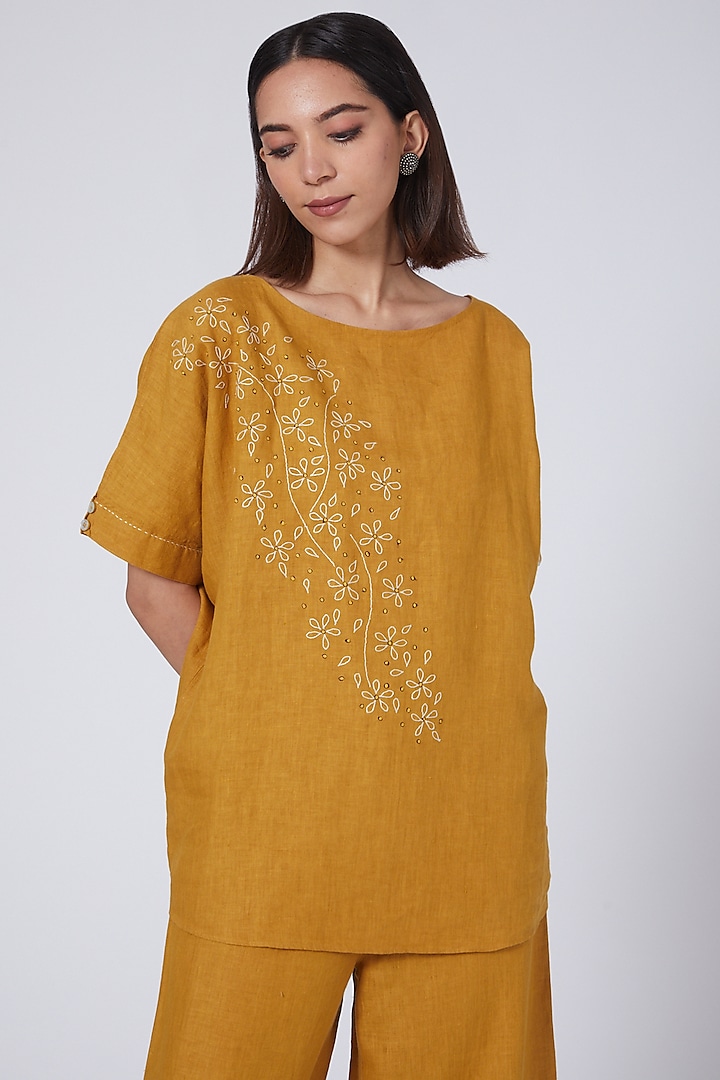 Mustard Floral Embroidered Blouse by Linen Bloom
