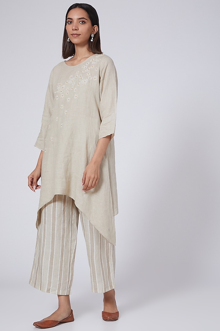 Beige Asymmetrical Embroidered Tunic by Linen Bloom