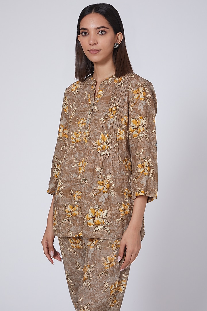 Brown Printed Pleated Blouse by Linen Bloom