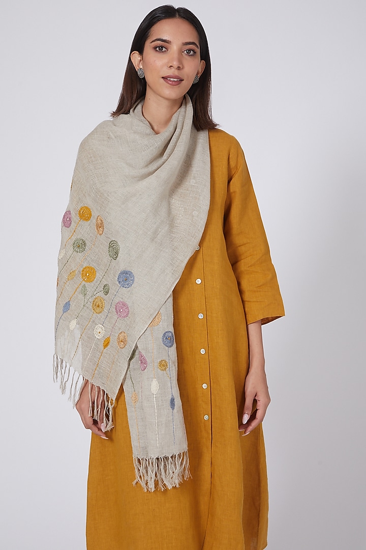 Beige Embroidered Stole by Linen Bloom