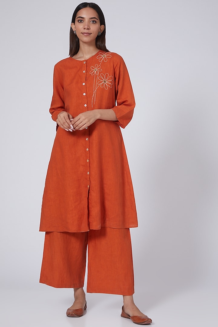 Orange Embroidered Tunic by Linen Bloom