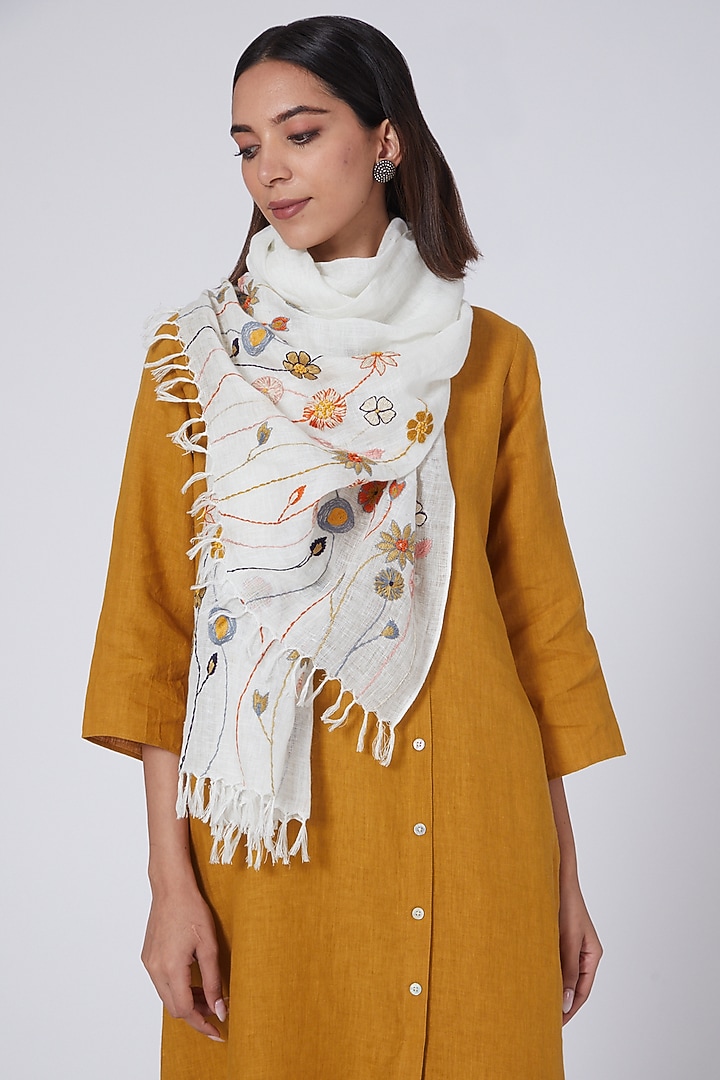 Ivory Embroidered Stole by Linen Bloom at Pernia's Pop Up Shop