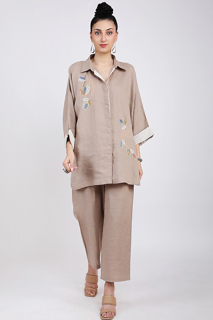 Khaki Embroidered Shirt by Linen Bloom