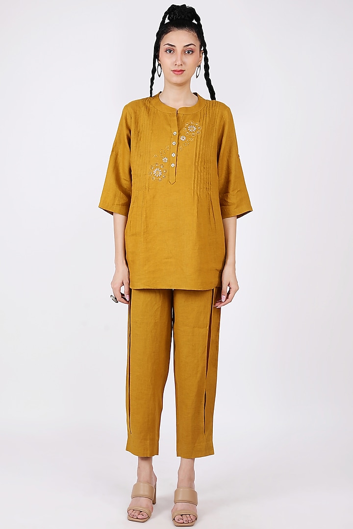 Mustard Embroidered Blouse by Linen Bloom