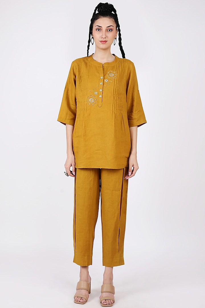 Mustard Embroidered Blouse by Linen Bloom at Pernia's Pop Up Shop