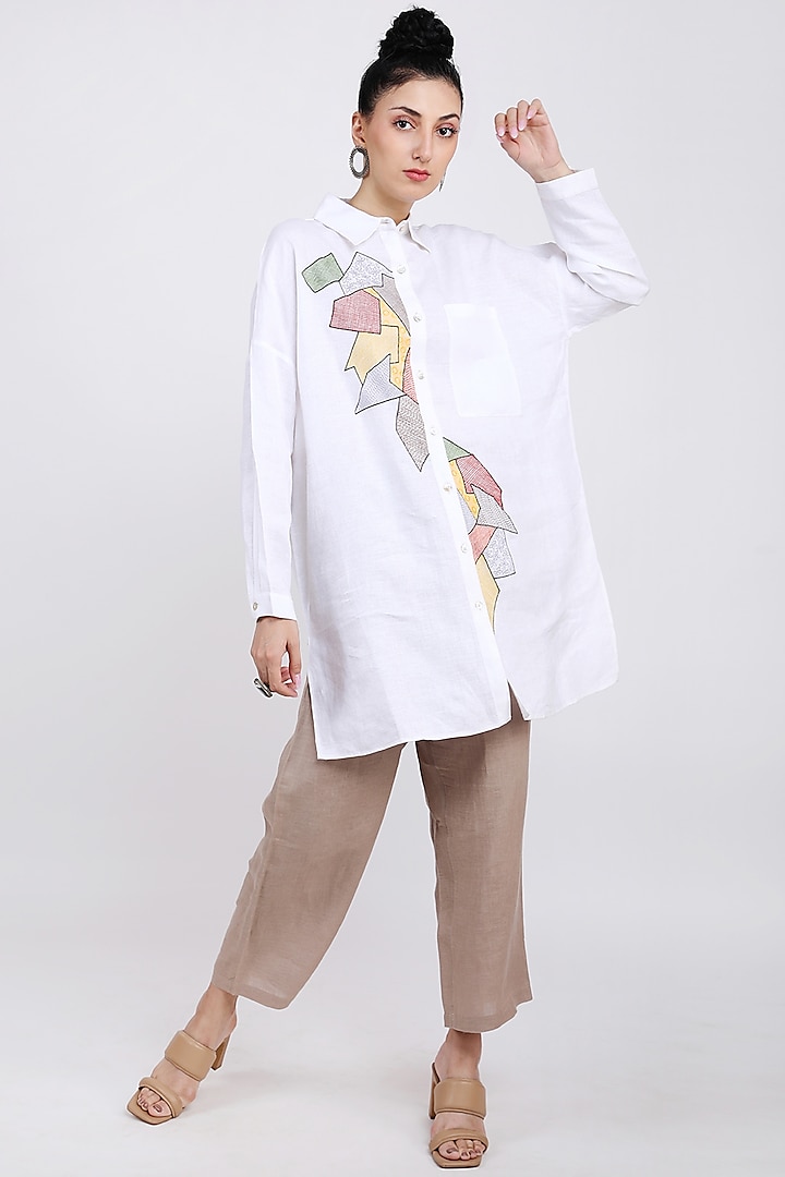 White Linen Printed Shirt by Linen Bloom