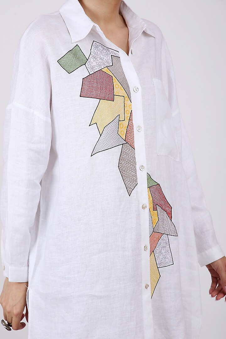 White Linen Printed Shirt by Linen Bloom at Pernia's Pop Up Shop