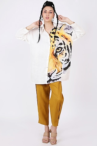 Khaki Printed Shirt by Linen Bloom