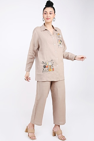 Khaki Embroidered Shirt by Linen Bloom