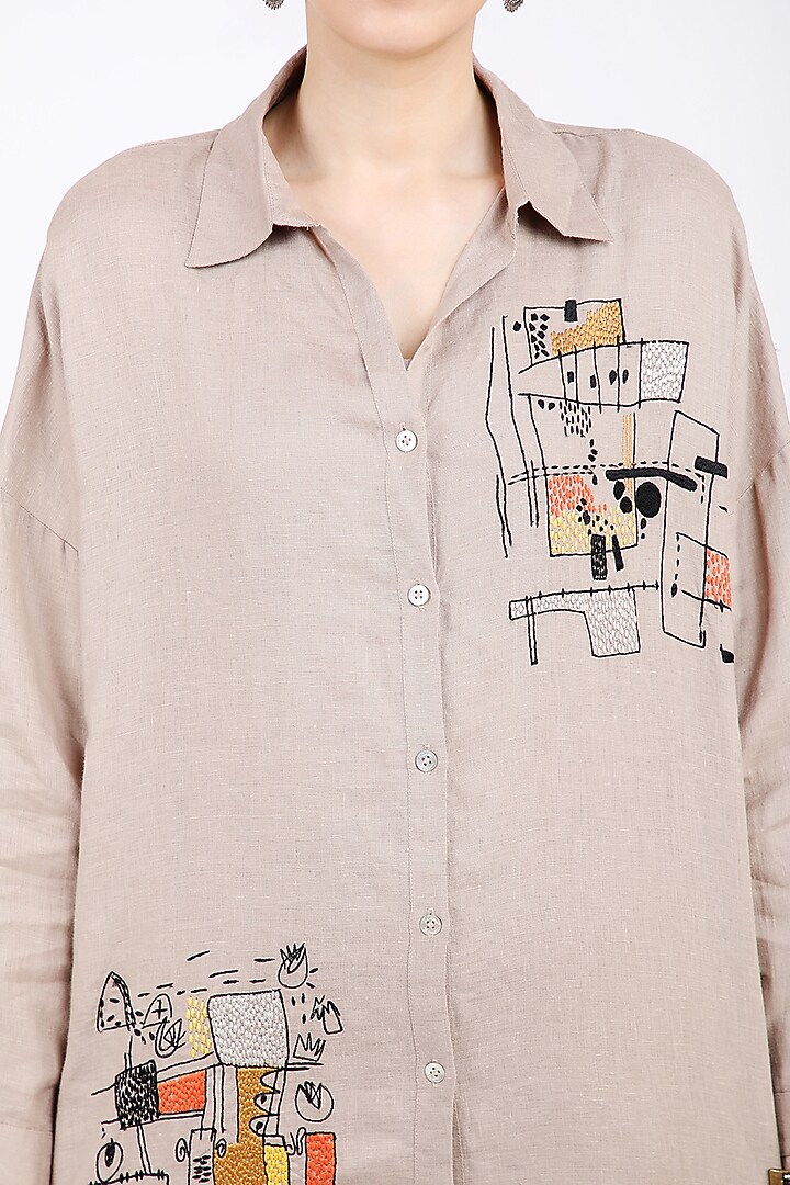 Khaki Embroidered Shirt by Linen Bloom at Pernia's Pop Up Shop