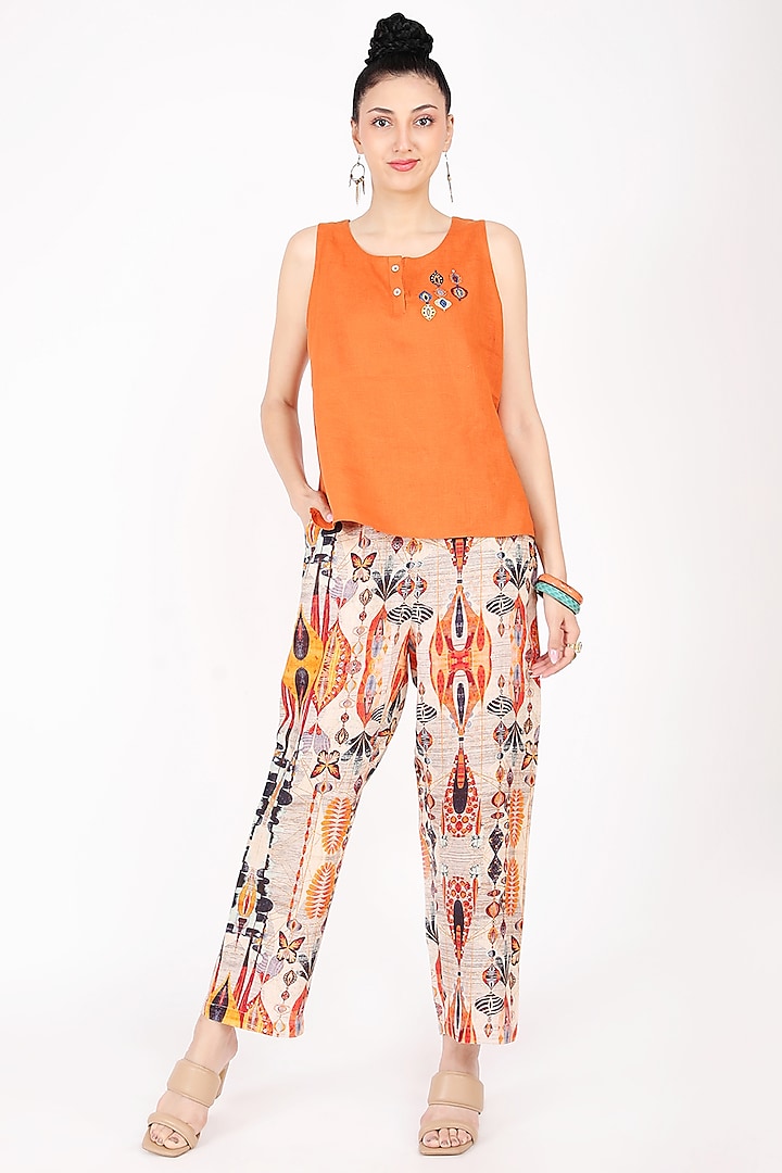 Orange Embroidered Top by Linen Bloom