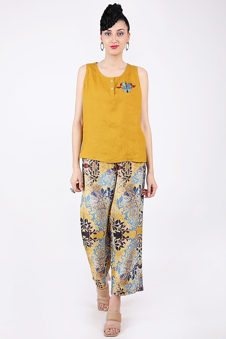 Mustard Embroidered Top by Linen Bloom
