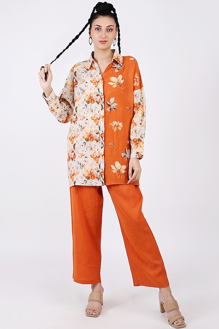Orange Embroidered Shirt by Linen Bloom