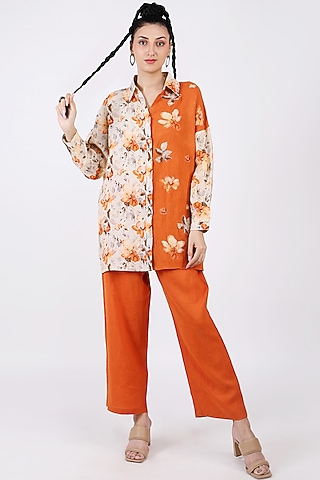 Orange Embroidered Shirt by Linen Bloom