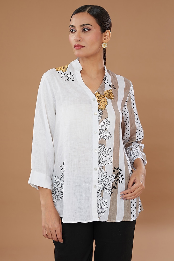 White Pure Linen Embroidered Shirt by Linen Bloom at Pernia's Pop Up Shop