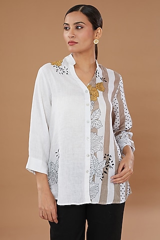 White Pure Linen Embroidered Shirt by Linen Bloom