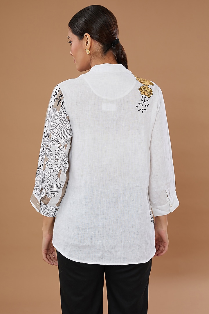 White Pure Linen Embroidered Shirt by Linen Bloom at Pernia's Pop Up Shop