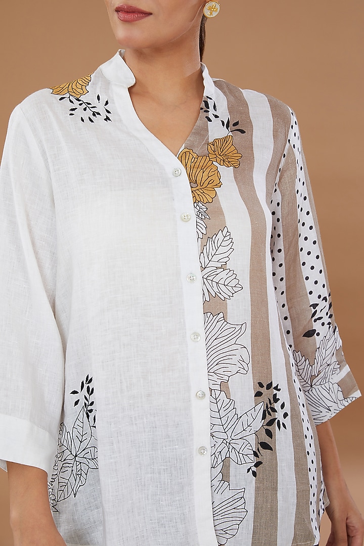 White Pure Linen Embroidered Shirt by Linen Bloom at Pernia's Pop Up Shop
