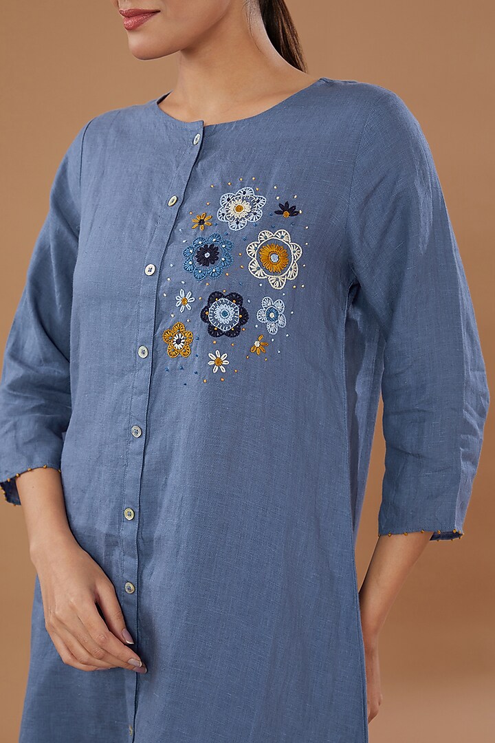 Blue Pure Linen Embroidered Tunic by Linen Bloom at Pernia's Pop Up Shop