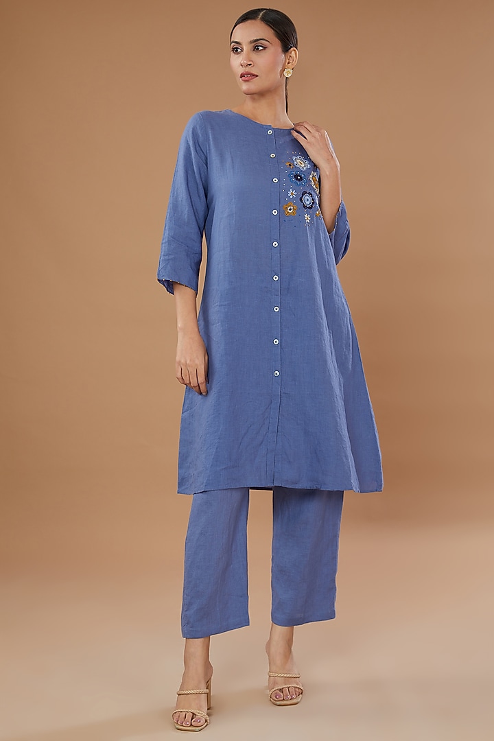Blue Pure Linen Pants by Linen Bloom at Pernia's Pop Up Shop