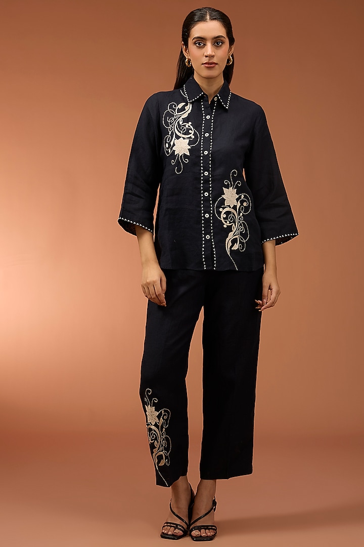 Blue Linen Floral Embroidered Co-Ord Set by Linen Bloom at Pernia's Pop Up Shop