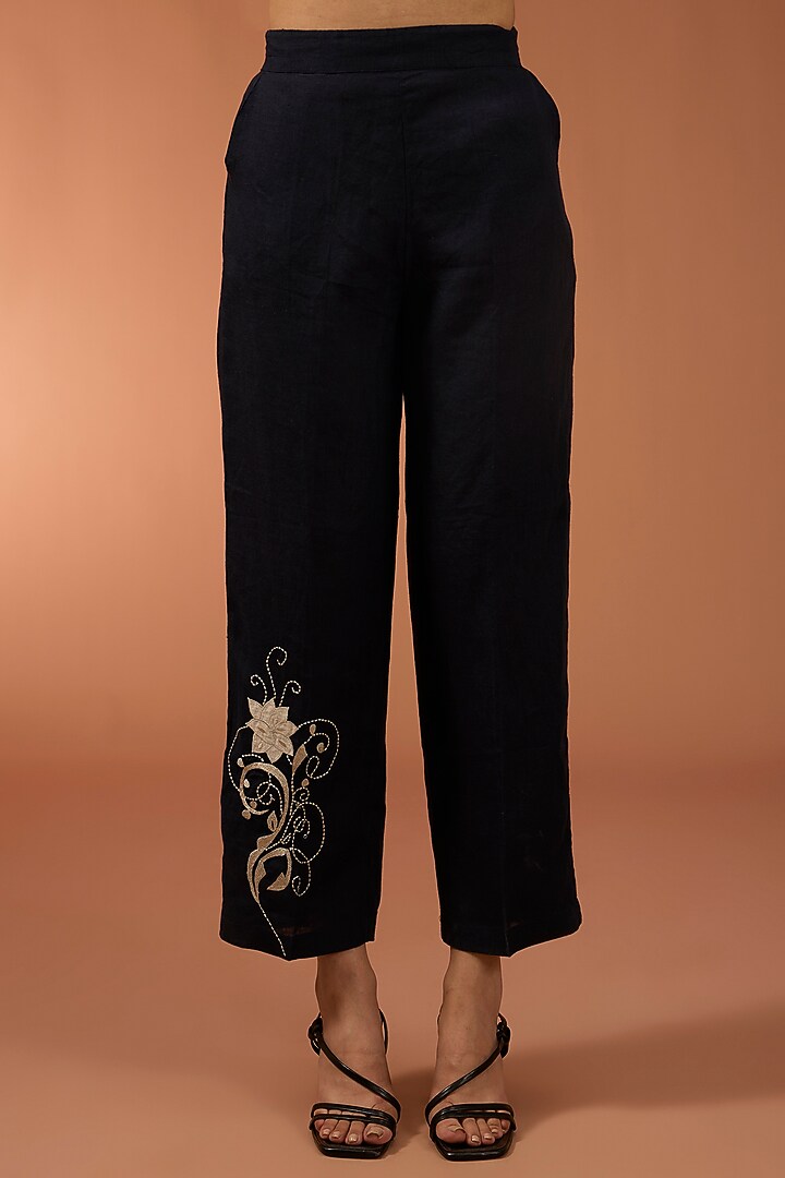 Blue Linen Floral Embroidered Co-Ord Set by Linen Bloom at Pernia's Pop Up Shop