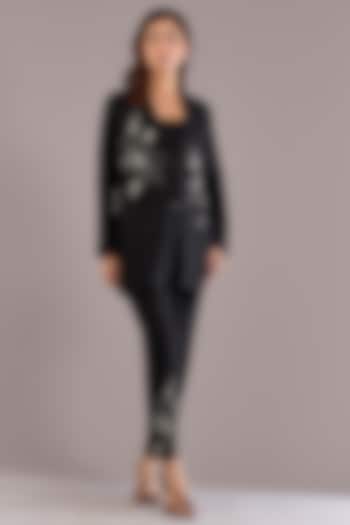 Black Pure Linen Floral Embroidered Blazer Set by Linen Bloom at Pernia's Pop Up Shop
