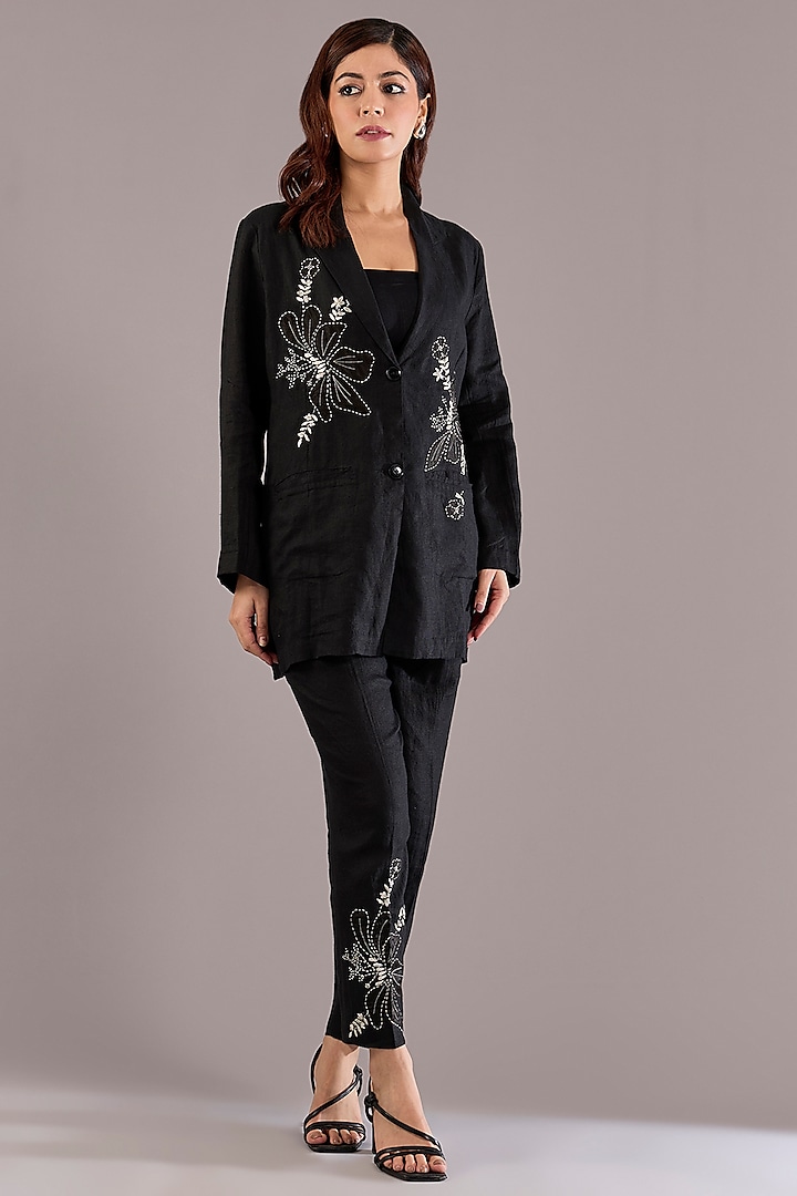 Black Pure Linen Floral Embroidered Blazer Set by Linen Bloom at Pernia's Pop Up Shop