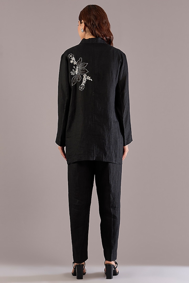 Black Pure Linen Floral Embroidered Blazer Set by Linen Bloom at Pernia's Pop Up Shop