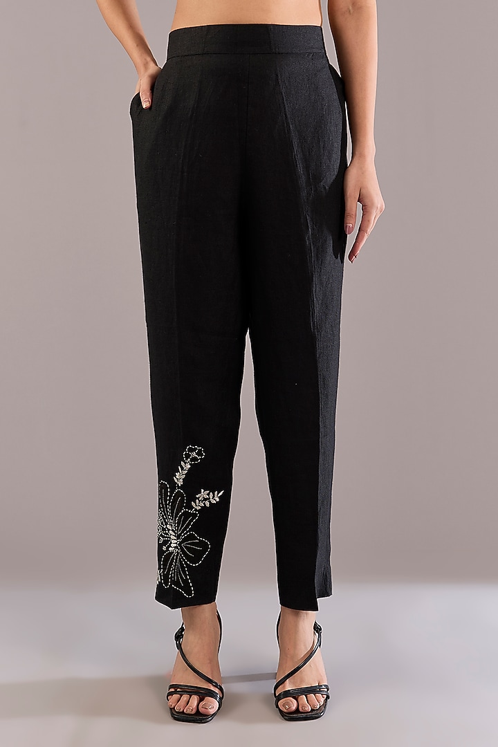 Black Pure Linen Floral Embroidered Blazer Set by Linen Bloom at Pernia's Pop Up Shop