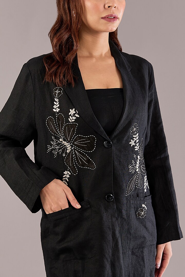 Black Pure Linen Floral Embroidered Blazer Set by Linen Bloom at Pernia's Pop Up Shop