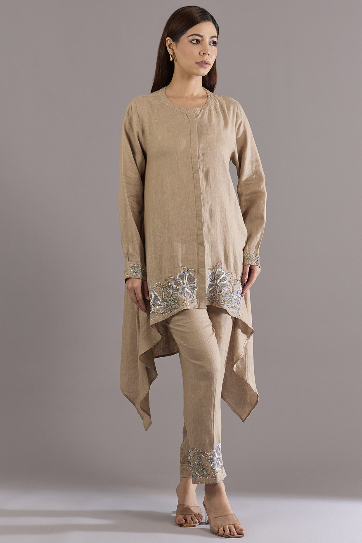 Khaki Beige Linen Sequins Embroidered Tunic Set by Linen Bloom at Pernia's Pop Up Shop