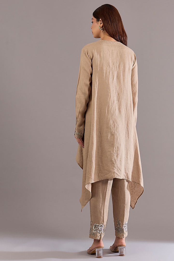 Khaki Beige Linen Sequins Embroidered Tunic Set by Linen Bloom at Pernia's Pop Up Shop