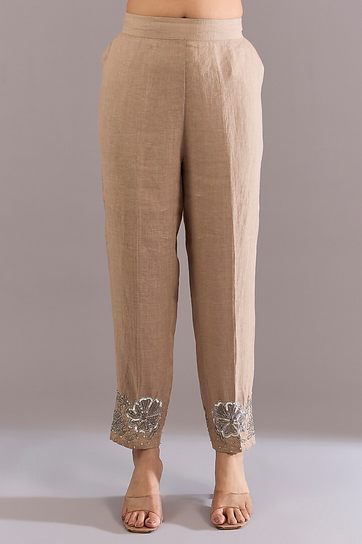 Khaki Beige Linen Sequins Embroidered Tunic Set by Linen Bloom at Pernia's Pop Up Shop