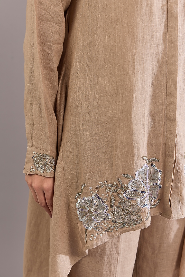 Khaki Beige Linen Sequins Embroidered Tunic Set by Linen Bloom at Pernia's Pop Up Shop
