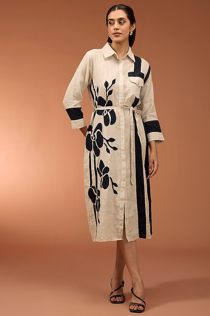 Beige & Navy Blue Linen Applique Embroidered Midi Dress by Linen Bloom at Pernia's Pop Up Shop