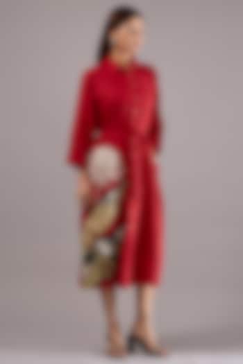 Red Linen Applique Embroidered Midi Summer Dress With Belt by Linen Bloom at Pernia's Pop Up Shop