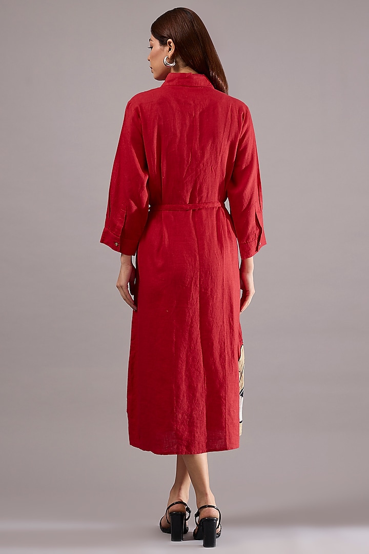 Red Linen Applique Embroidered Midi Vacation Dress With Belt by Linen Bloom at Pernia's Pop Up Shop