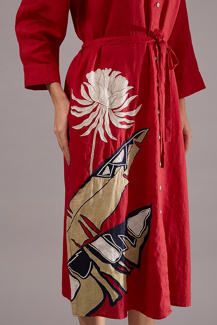 Red Linen Applique Embroidered Midi Vacation Dress With Belt by Linen Bloom at Pernia's Pop Up Shop